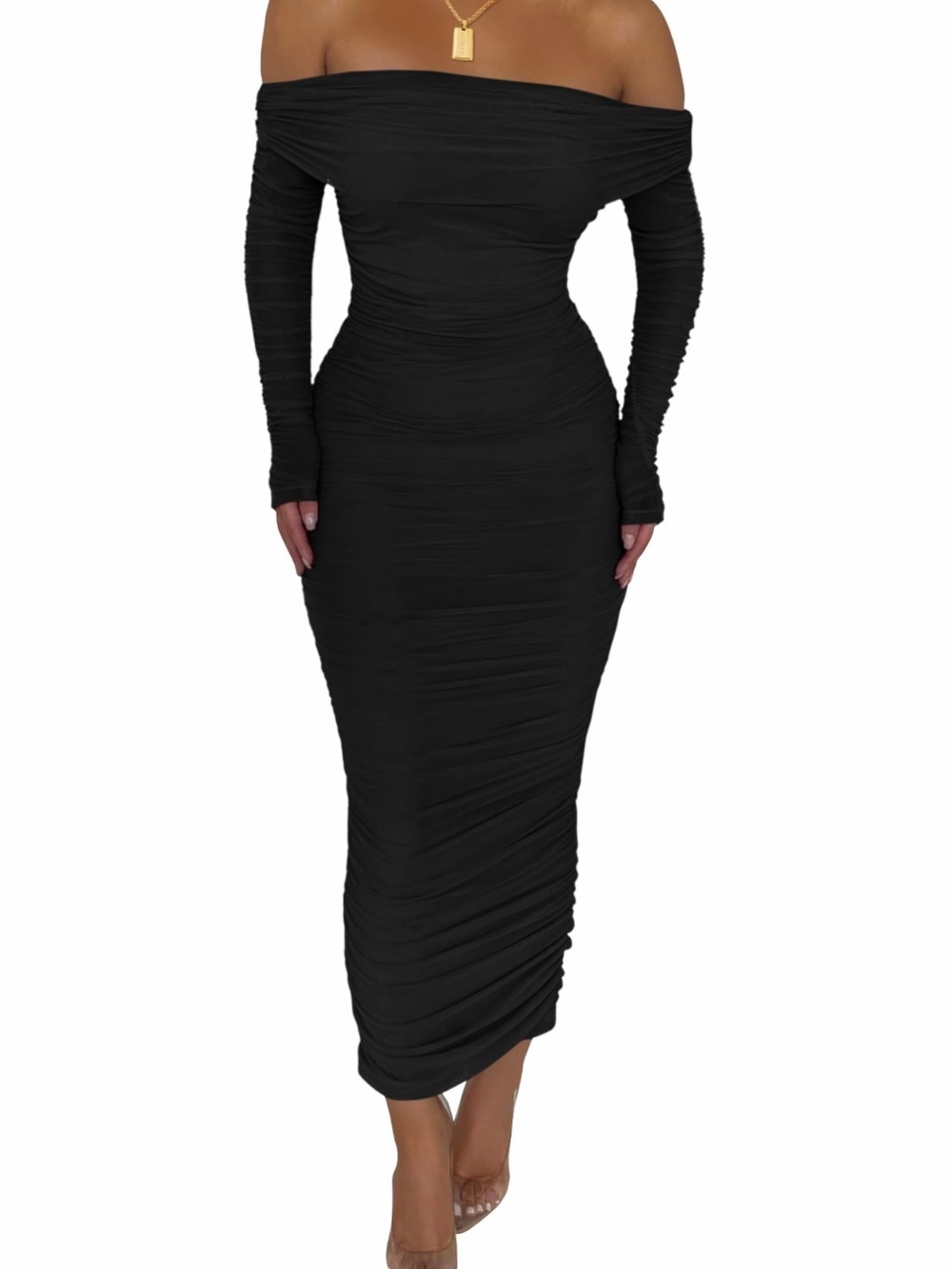 Off-Shoulder Long Sleeve Black Ruched Maxi Dress